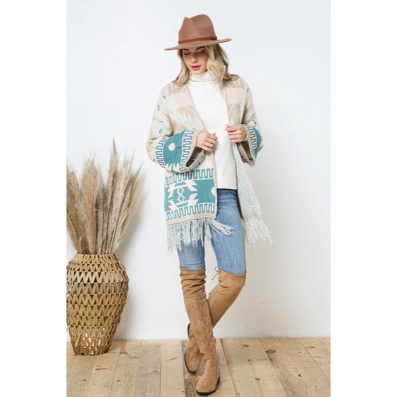 SOLD OUT Taupe Teal Bell Sleeve Aztec Western Tribal Fringe Knit Boho Cardigan - Picture 8 of 10